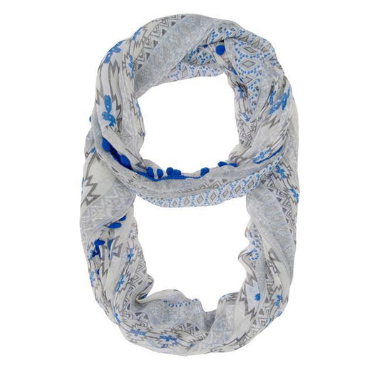 Mara Blue Cultural Print Infinity Scarf With Pom Poms