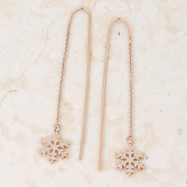 Noelle Rose Gold Stainless Steel Snowflake Threaded Drop Earrings