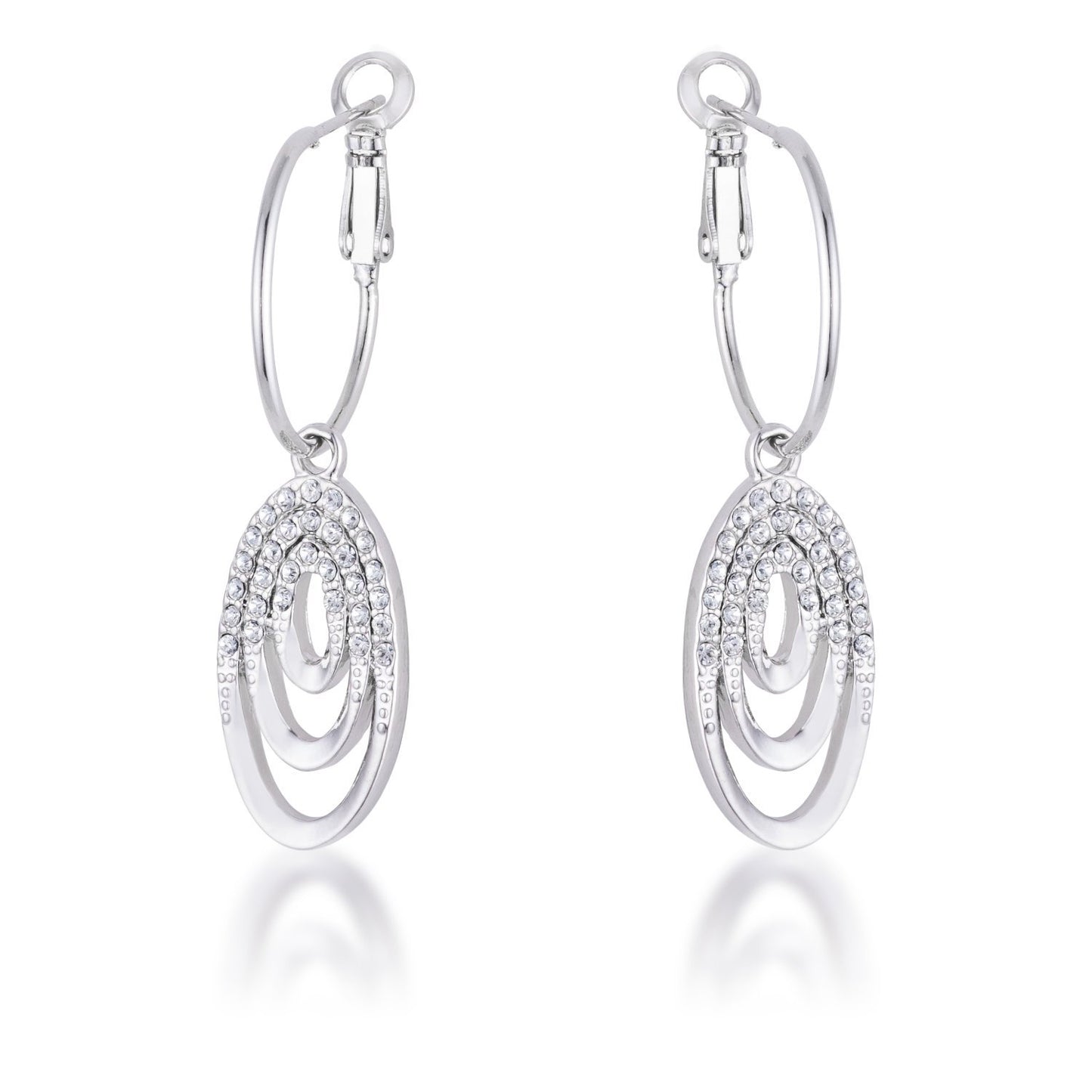 Rhodium Plated Multi Ring Elegant Oval Clear Crystal Drop Earring