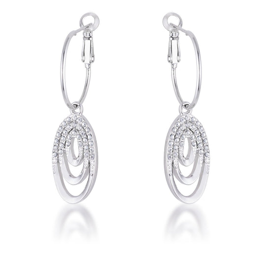 Rhodium Plated Multi Ring Elegant Oval Clear Crystal Drop Earring