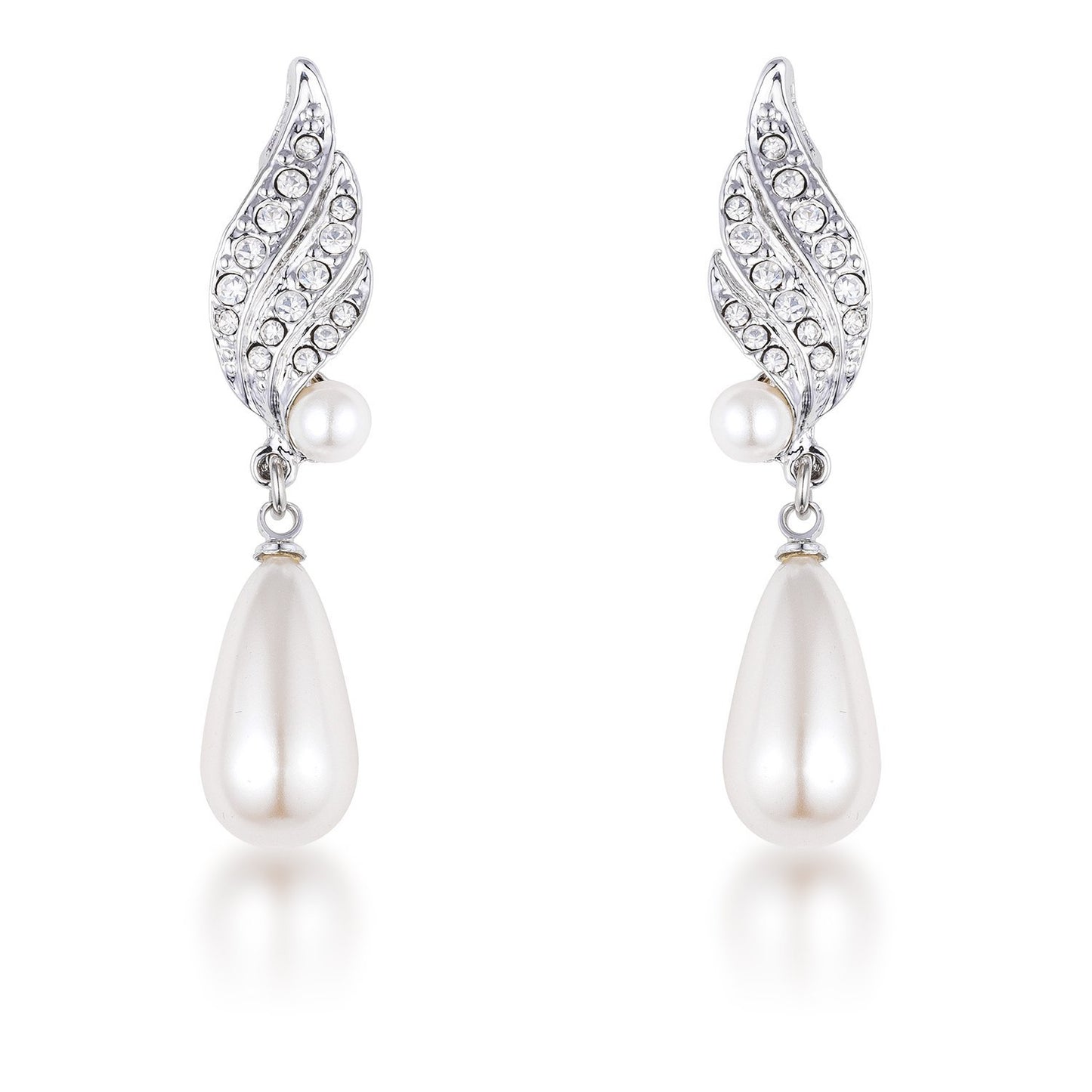 Rhodium Plated Simulated Pearl and Crystal Bridal Drop Earrings