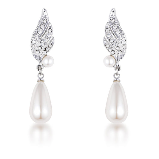 Rhodium Plated Simulated Pearl and Crystal Bridal Drop Earrings