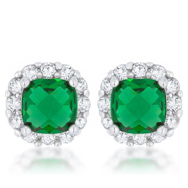 Liz 2ct Emerald CZ Rhodium Classic Cushion Stud Earrings