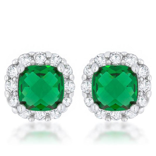 Liz 2ct Emerald CZ Rhodium Classic Cushion Stud Earrings