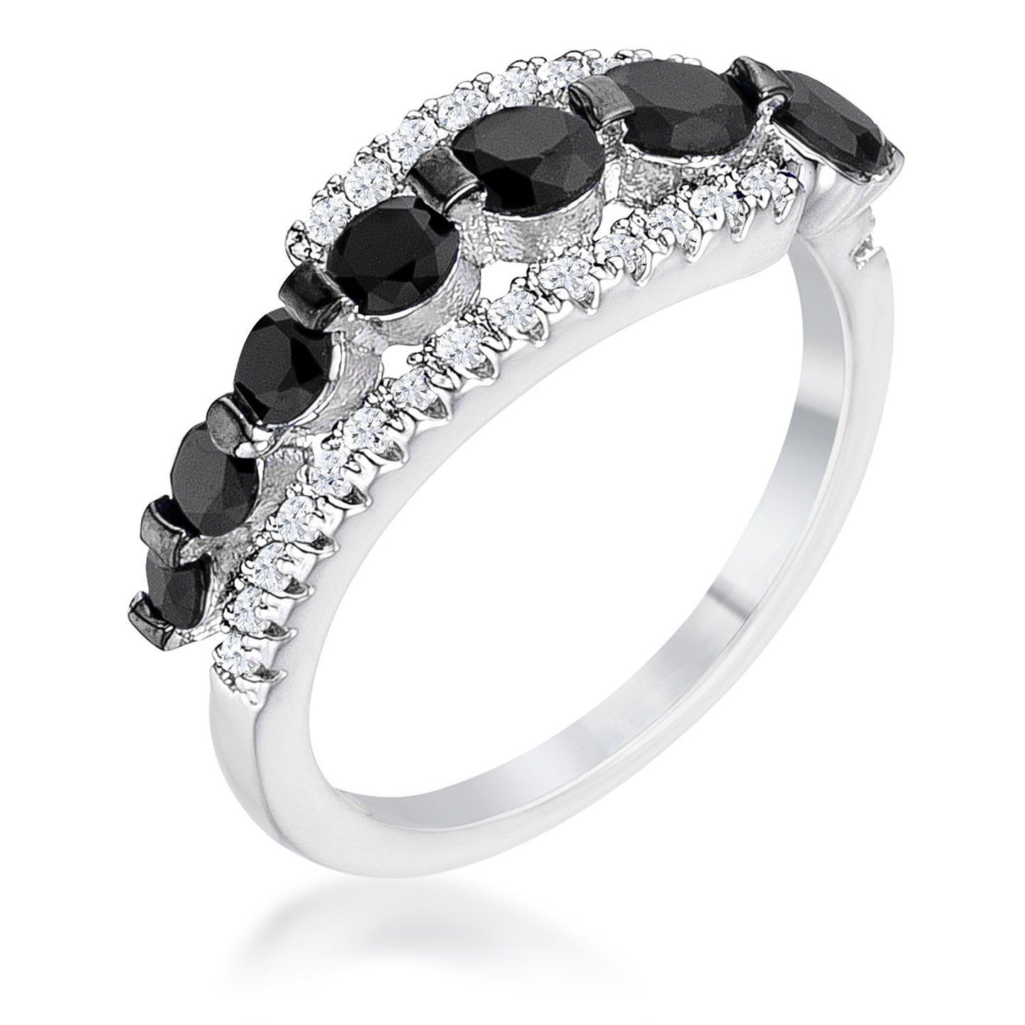 1.43Ct Rhodium & Hematite Plated Sapphire Blue & Clear CZ Three Stone Twisted Ring