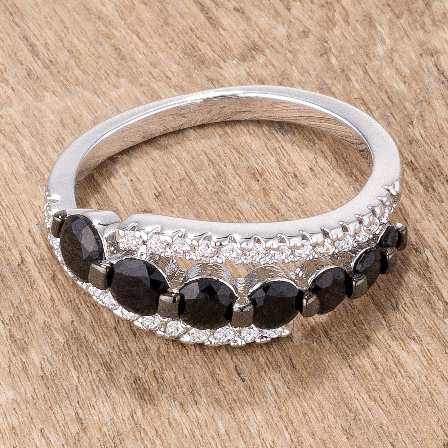 1.43Ct Rhodium & Hematite Plated Sapphire Blue & Clear CZ Three Stone Twisted Ring