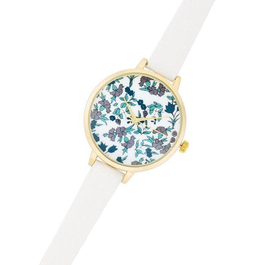 Gold Watch With Floral Print Dial