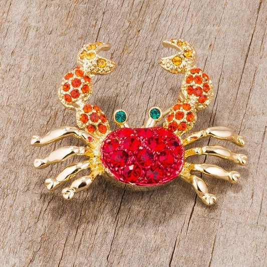 Gold Tone and Red Crab Brooch With Crystals