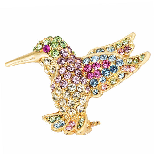 18k Gold Plated Light Multicolored Crystal Hummingbird Brooch