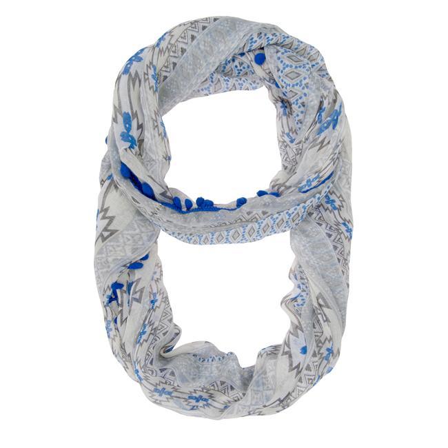 Mara Blue Cultural Print Infinity Scarf With Pom Poms