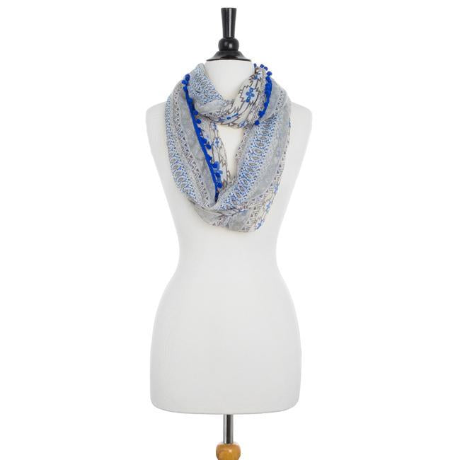 Mara Blue Cultural Print Infinity Scarf With Pom Poms