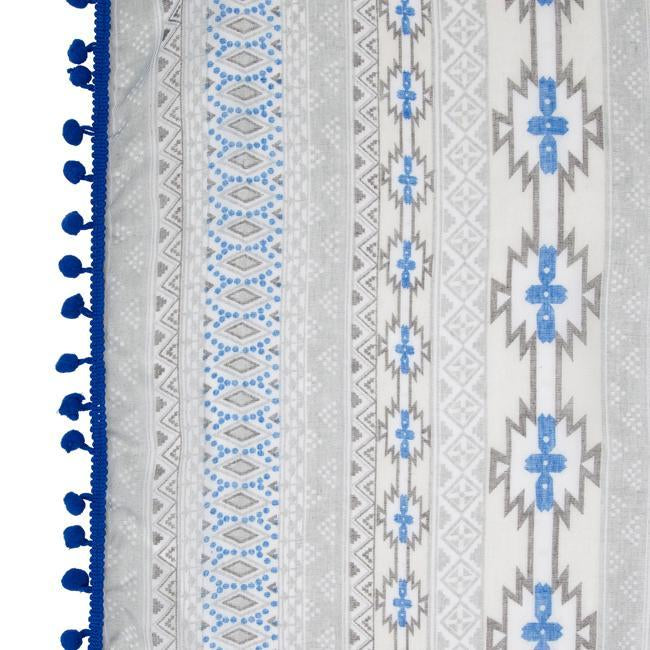 Mara Blue Cultural Print Infinity Scarf With Pom Poms