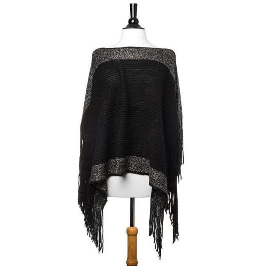 Black Lightweight Knit Fringe Poncho