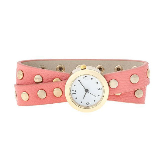 Pink Round Studded Wrap Watch