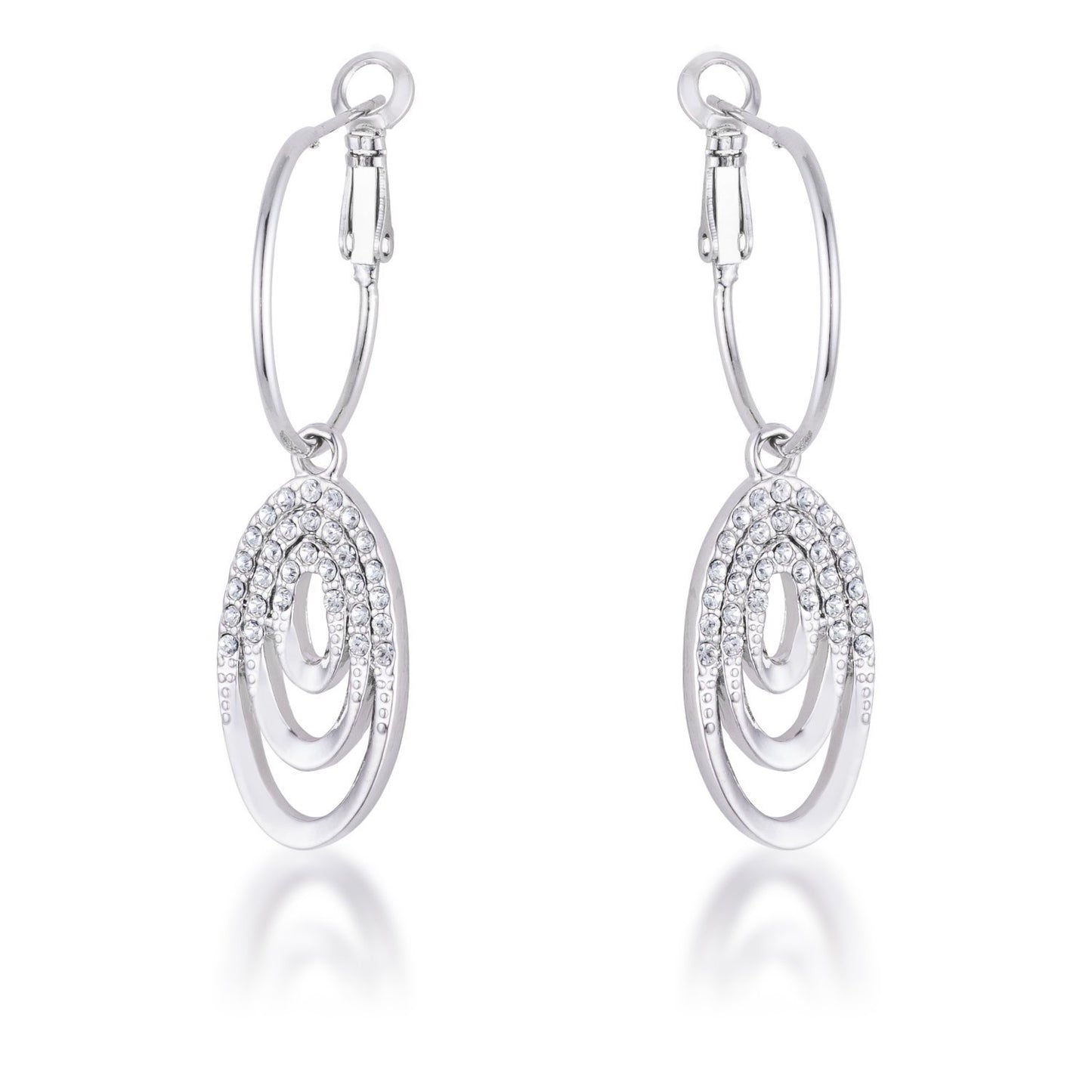 Rhodium Plated Multi Ring Elegant Oval Clear Crystal Drop Earring