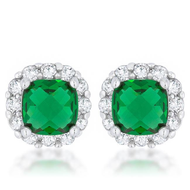 Liz 2ct Emerald CZ Rhodium Classic Cushion Stud Earrings