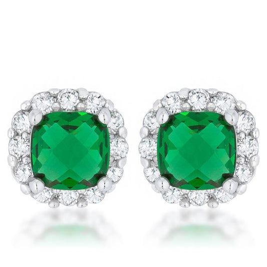 Liz 2ct Emerald CZ Rhodium Classic Cushion Stud Earrings