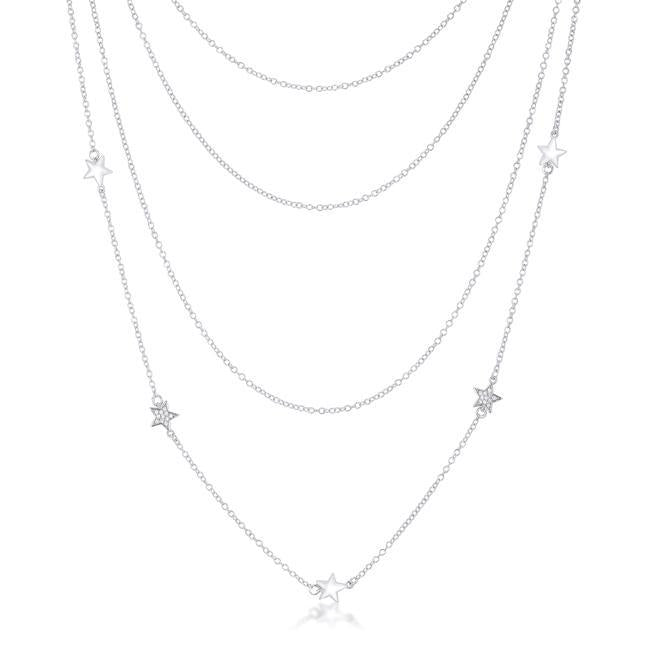 Multi-Chain Rhodium Star Necklace with CZ