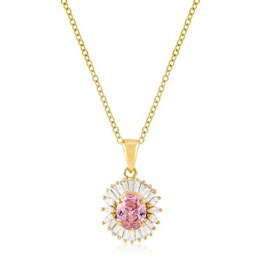 Goldtone Pink CZ Oval Halo Pendant