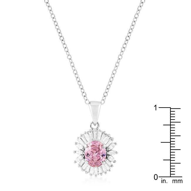 Rhodium Plated Pink CZ Oval Halo Pendant