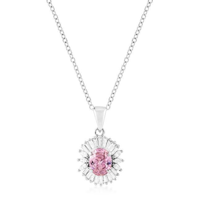 Rhodium Plated Pink CZ Oval Halo Pendant