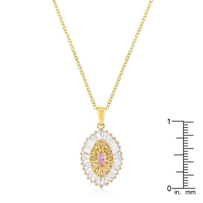 Goldtone Pink and Clear CZ Oval Halo Pendant