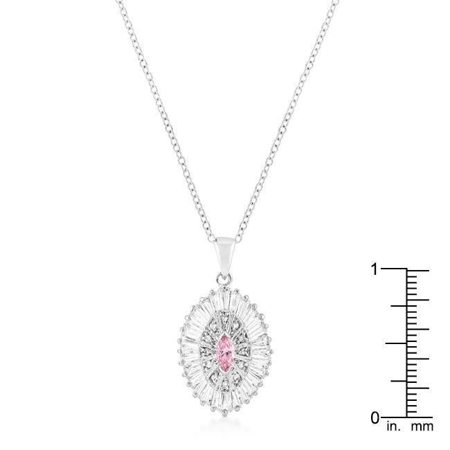 Silvertone Pink and Clear CZ Oval Halo Pendant