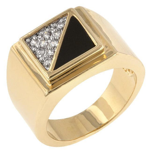 Goldtone Onyx Masonic Ring with CZ Accents