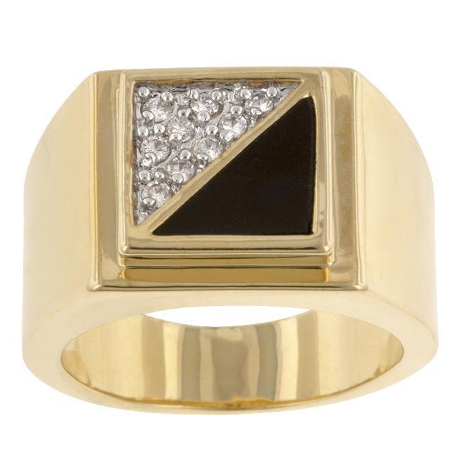 Goldtone Onyx Masonic Ring with CZ Accents