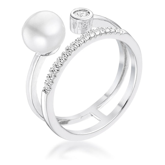 .15Ct Rhodium Plated Freshwater Pearl Ring With CZ Micro Pave Band