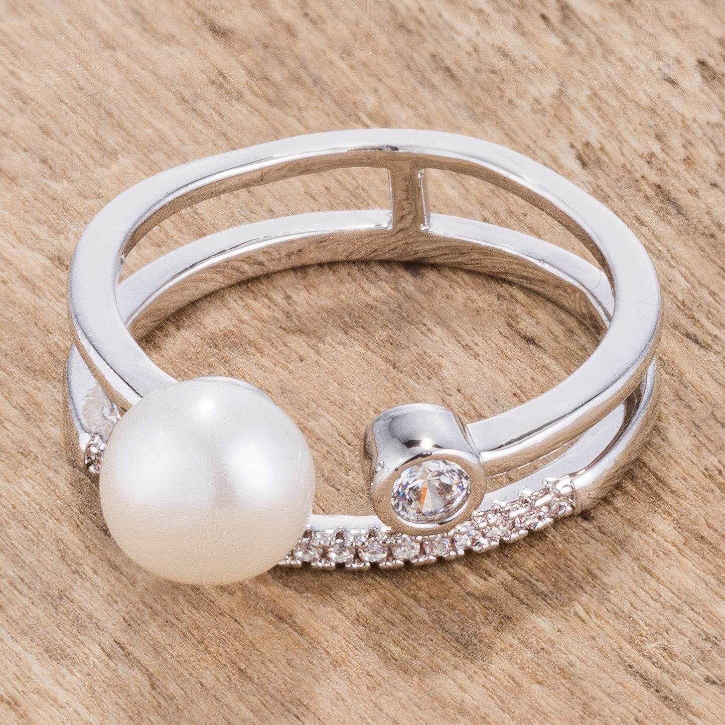 .15Ct Rhodium Plated Freshwater Pearl Ring With CZ Micro Pave Band