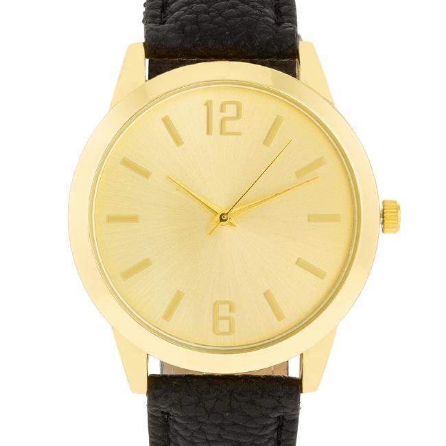 Gold Black Leather Watch