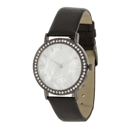 Black Leather Watch With Crystals