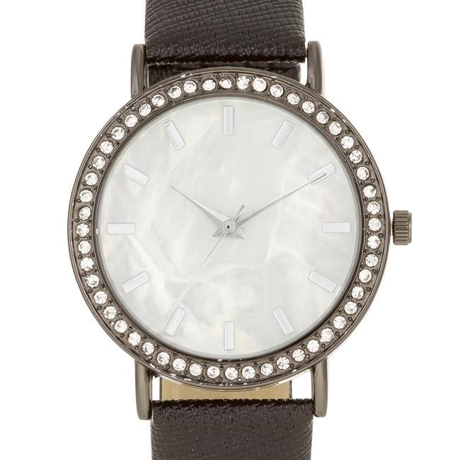 Black Leather Watch With Crystals