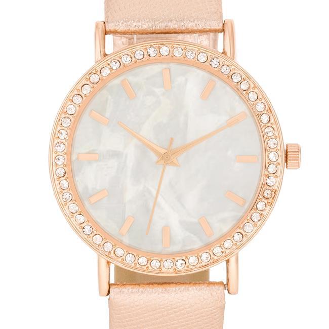 Rose Gold Leather Watch With Crystals