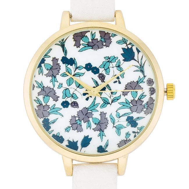 Gold Watch With Floral Print Dial