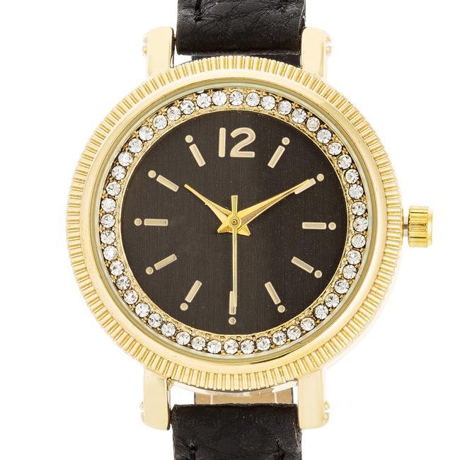 Georgia Gold Crystal Watch With Black Leather Strap