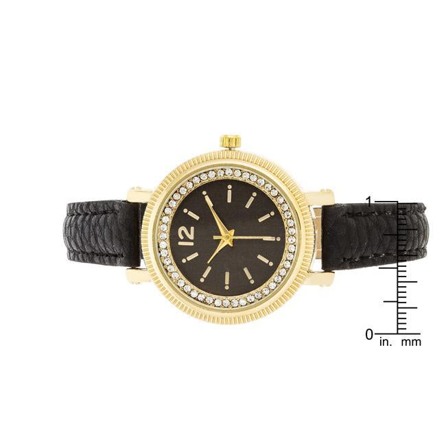 Georgia Gold Crystal Watch With Black Leather Strap