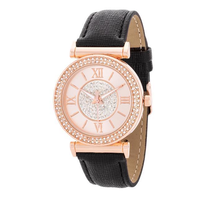 Crystal Rose Gold Watch With Leather Strap