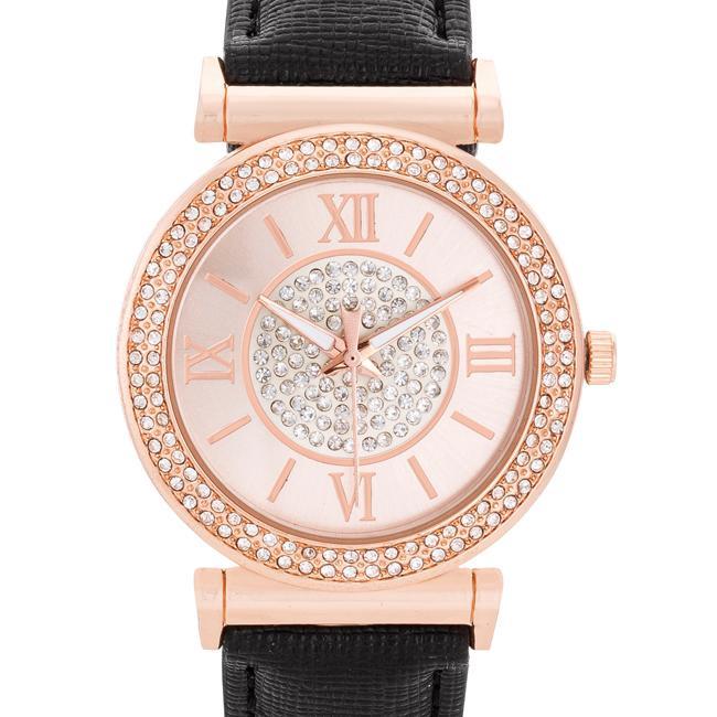 Crystal Rose Gold Watch With Leather Strap