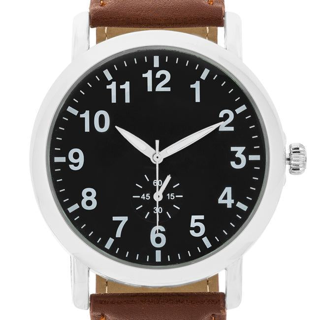 Silver Classic Watch With Brown Leather Strap