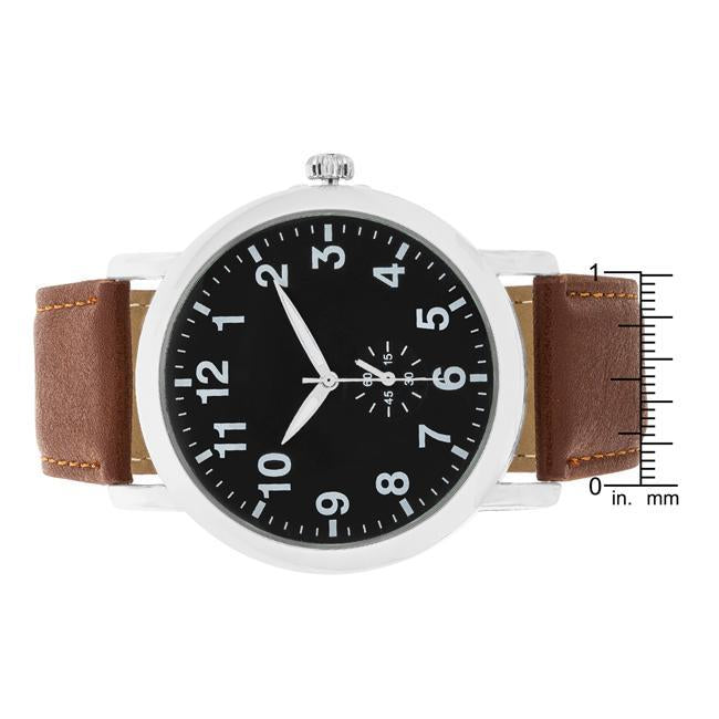 Silver Classic Watch With Brown Leather Strap