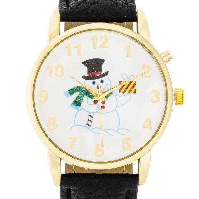 Gold Holiday Tune Watch With Black Leather Strap