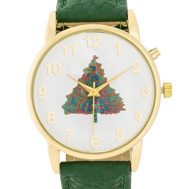 Gold Holiday Tune Watch With Green Leather Strap