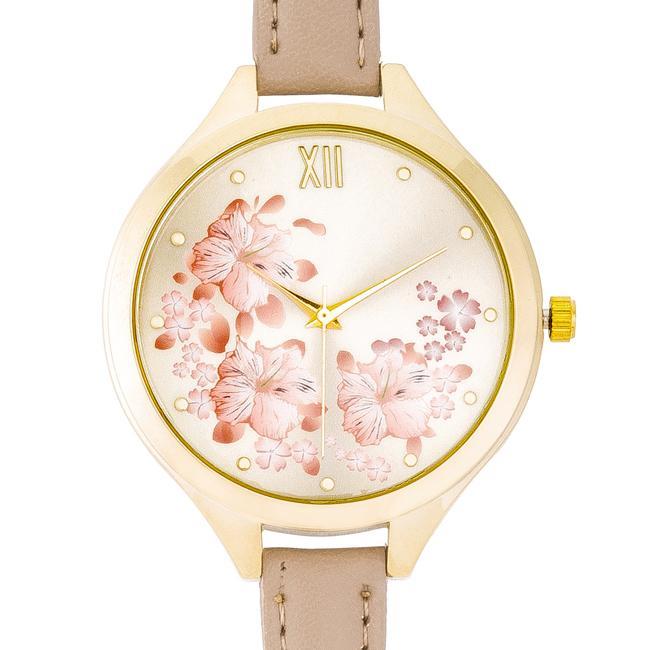 Gold Skinny Beige Leather Floral Watch