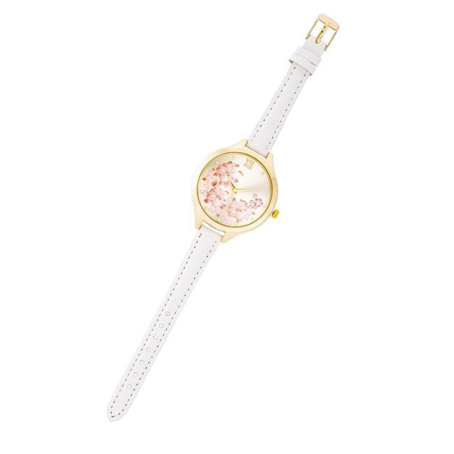 Gold Skinny White Leather Floral Watch