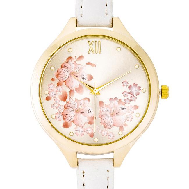 Gold Skinny White Leather Floral Watch