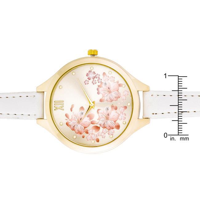 Gold Skinny White Leather Floral Watch