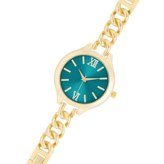 Gold Link Watch With Turqoise Dial