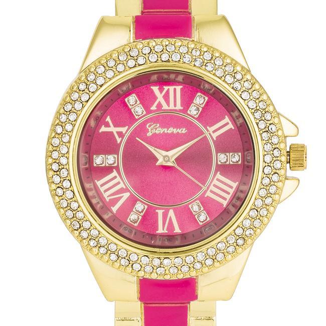 Gold Metal Cuff Watch With Crystals - Pink